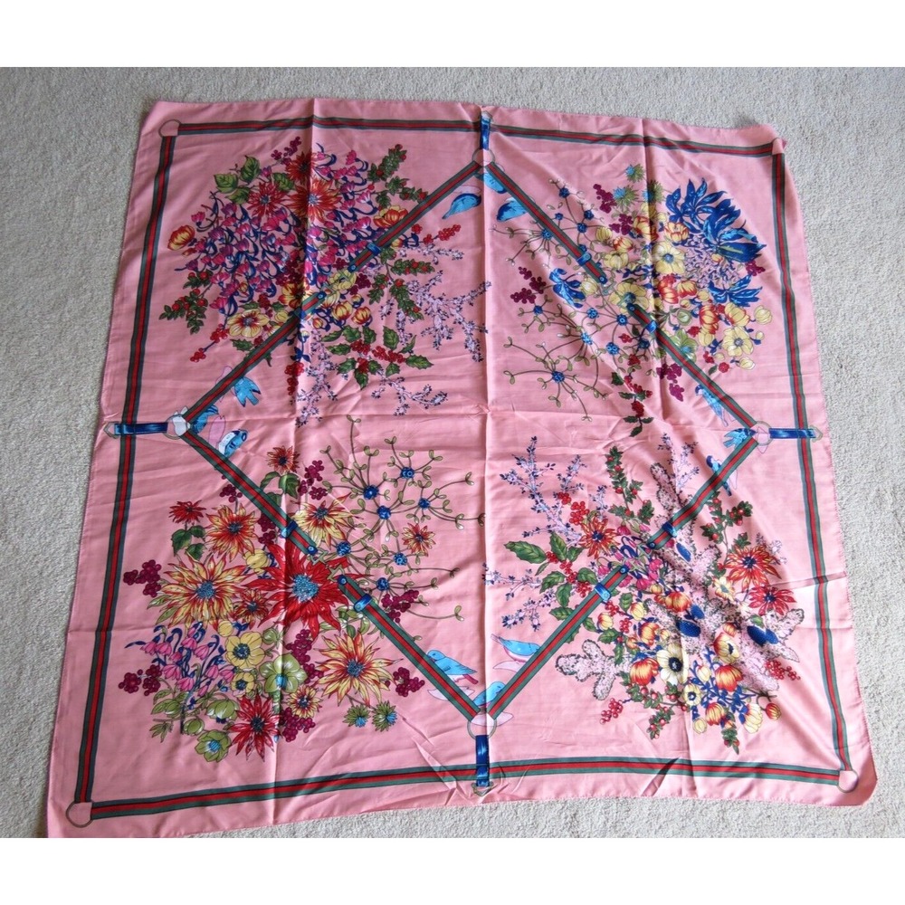 New Pink Floral Scarf Wrap 50x50 Bird Botanical Print Square Shawl 19054-4